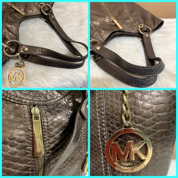 MICHAEL KORS Bronze Snakeskin Embossed Leather MOXLEY Shoulder Tote - Picture 10 of 16